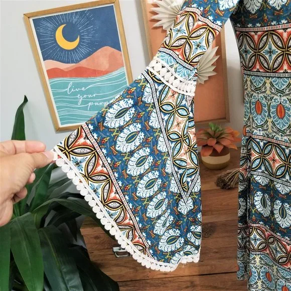 Dress. Teal, Burnt Orange, Multi Print. Southern Fried Chics Brand. Size Small. - Picture 3 of 9